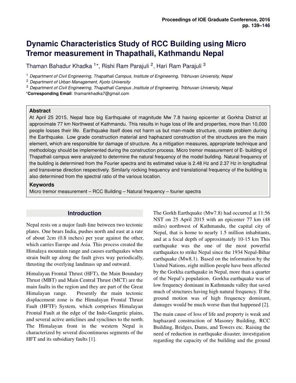 Dynamic Characteristics Study of RCC Building Using Micro Tremor Measurement in Thapathali, Kathmandu Nepal