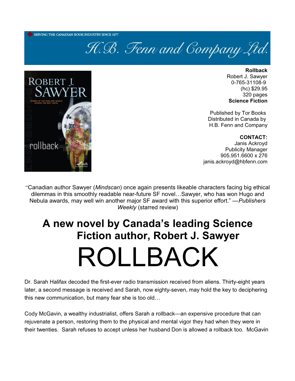 A New Novel by Canada S Leading Science Fiction Author, Robert J. Sawyer