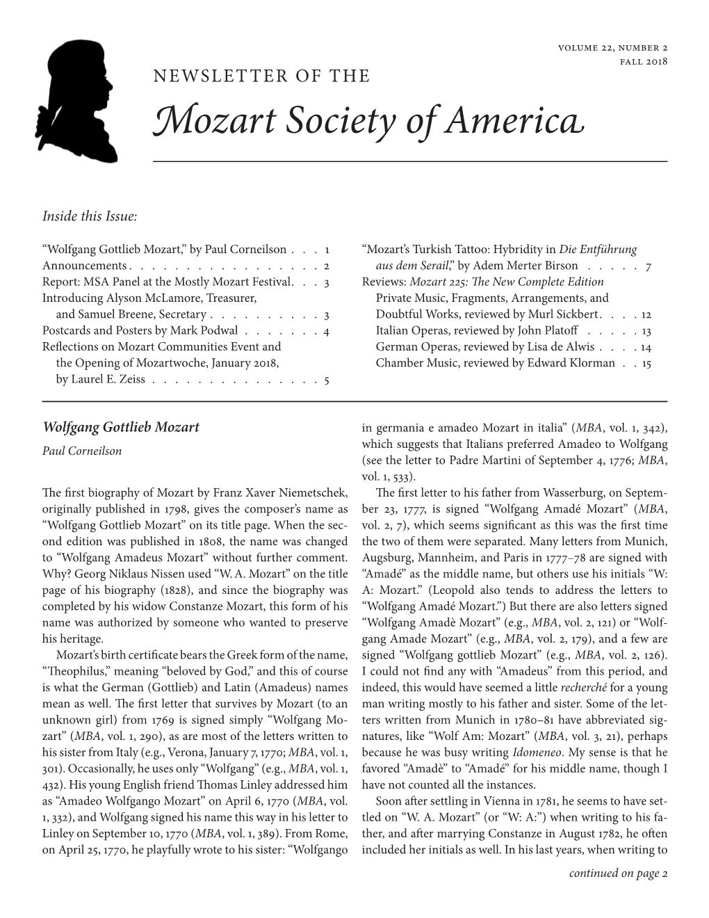 Fall 2018 NEWSLETTER of the Mozart Society of America
