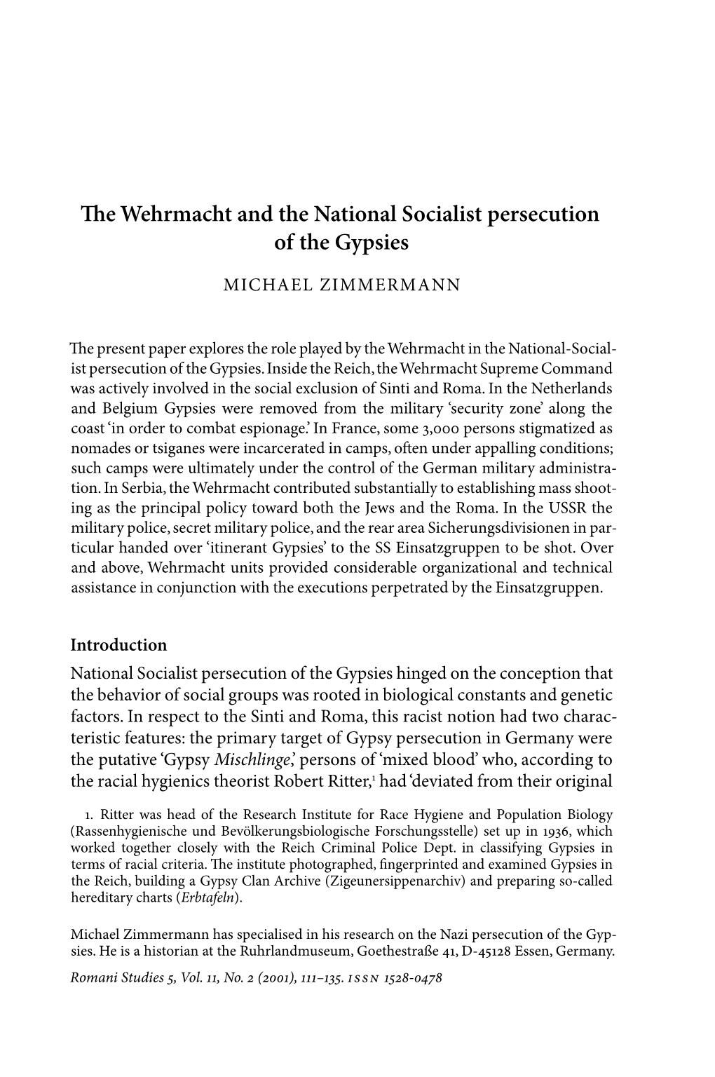 The Wehrmacht and the National Socialist Persecution of the Gypsies