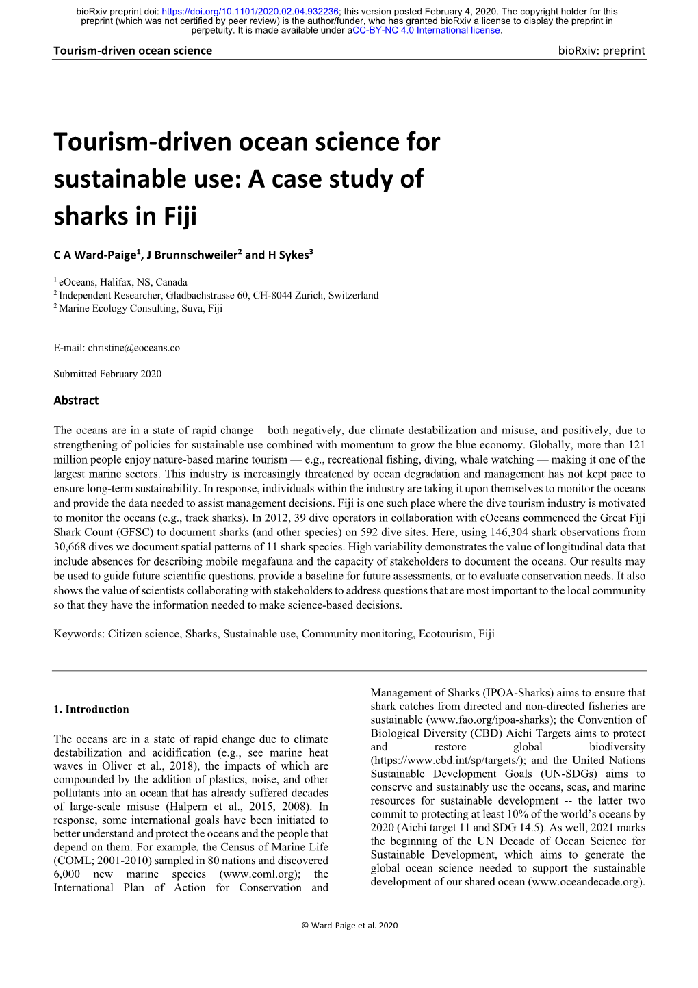 Tourism-Driven Ocean Science for Sustainable Use: a Case Study of Sharks in Fiji