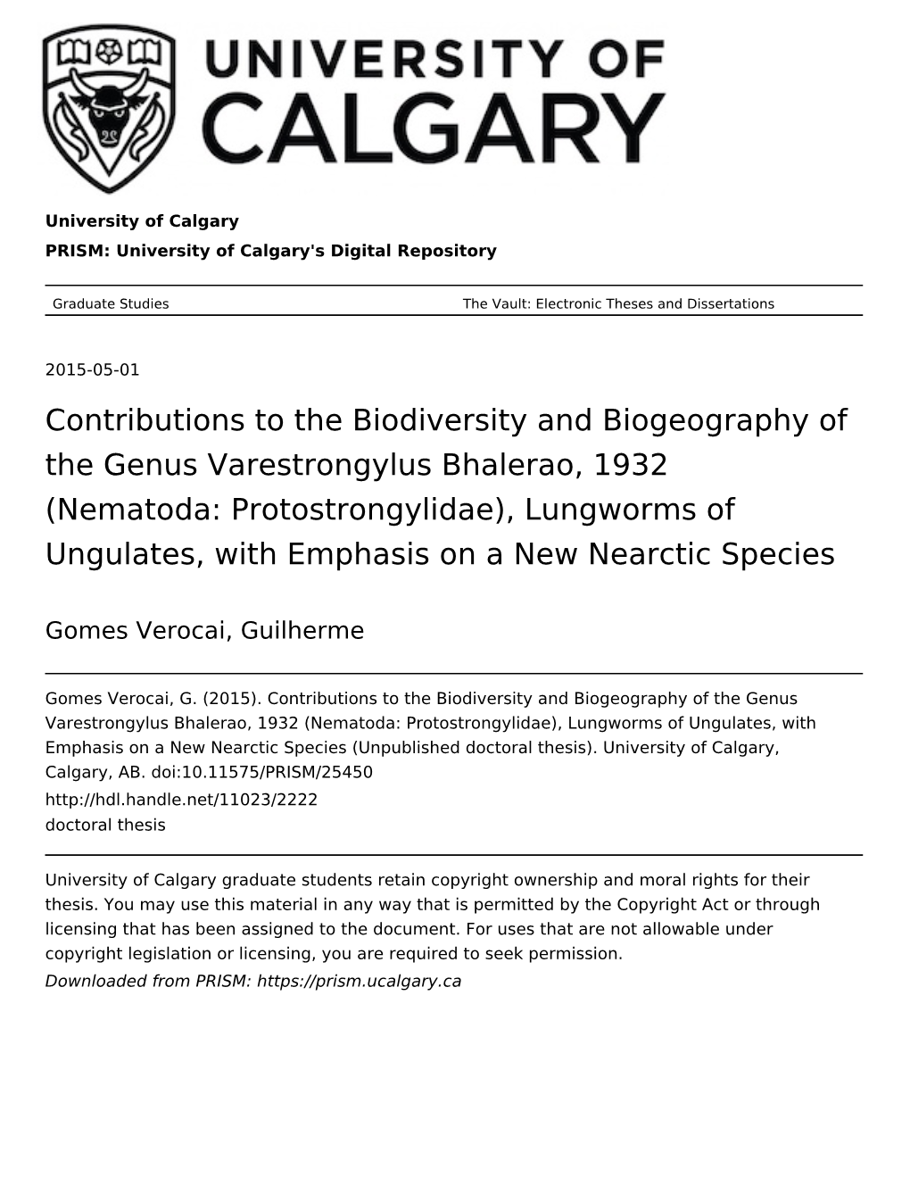 Nematoda: Protostrongylidae), Lungworms of Ungulates, with Emphasis on a New Nearctic Species