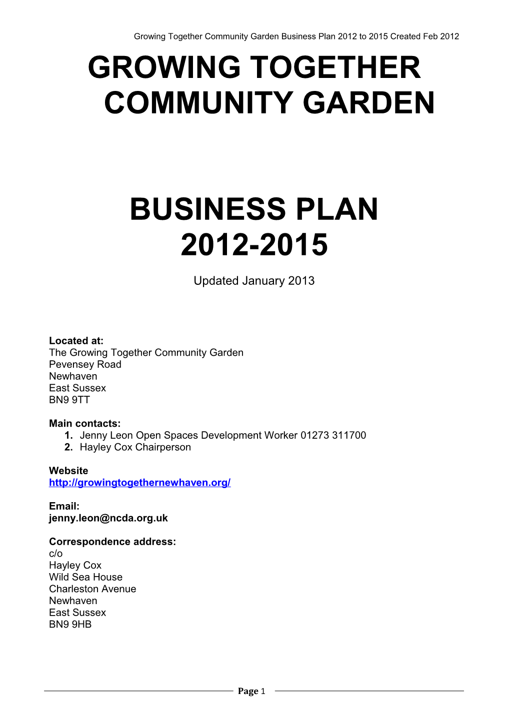 Culpeper Garden Business Plan 2009-2010