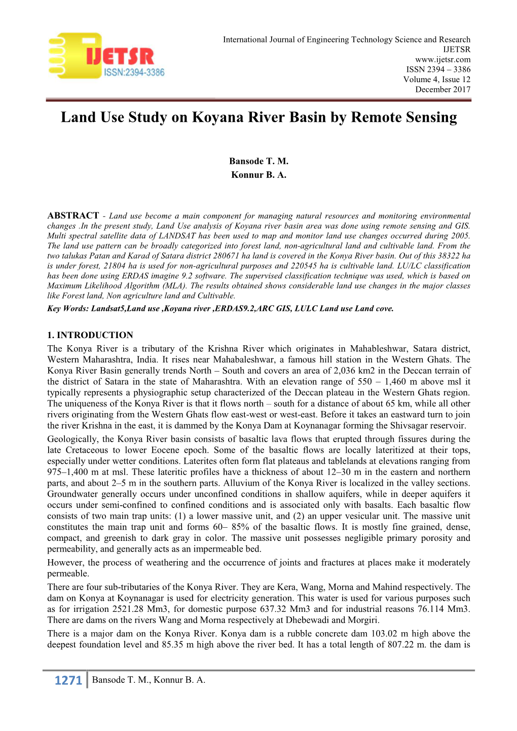 Land Use Study on Koyana River Basin by Remote Sensing