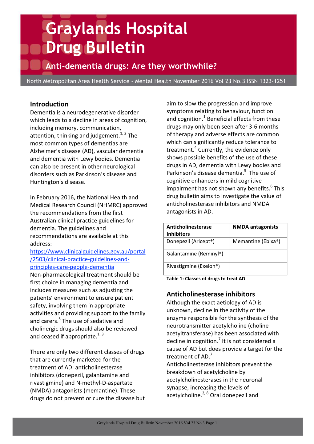 Graylands Hospital Drug Bulletin November 2016 Vol 23 No.3 Page 1