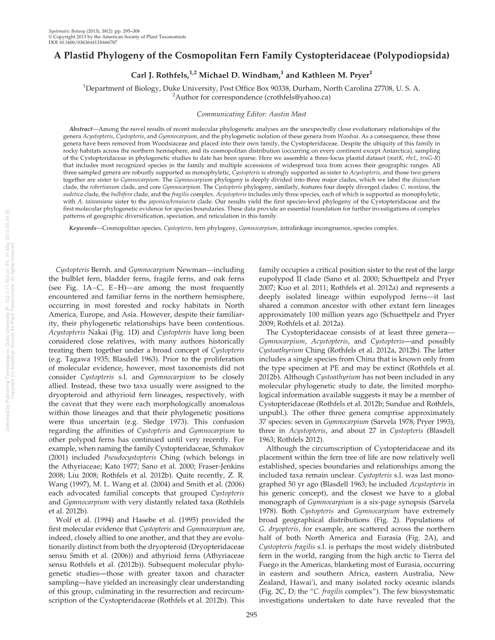 A Plastid Phylogeny of the Cosmopolitan Fern