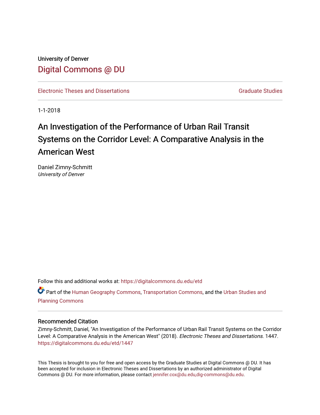 An Investigation of the Performance of Urban Rail Transit Systems on the Corridor Level: a Comparative Analysis in the American West