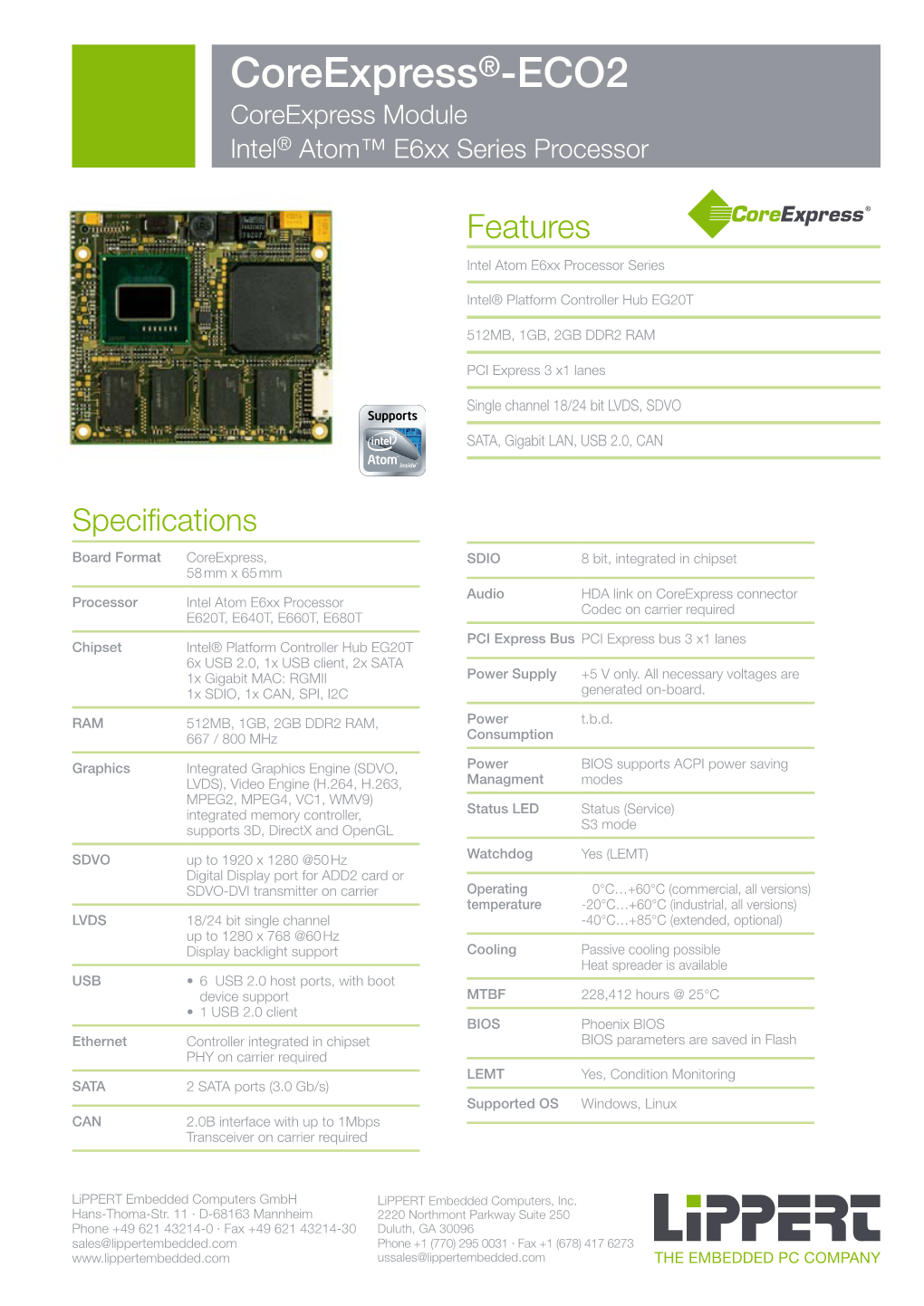 ECO2 Coreexpress Module Intel® Atom™ E6xx Series Processor