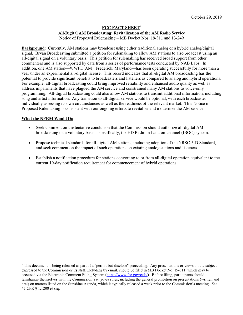 October 29, 2019 FCC FACT SHEET* All-Digital AM Broadcasting