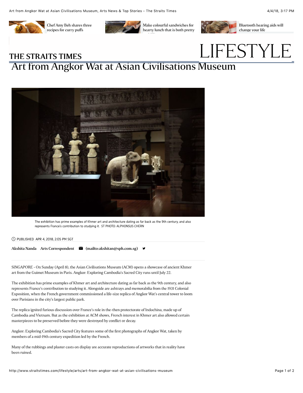 Art from Angkor Wat at Asian Civilisations Museum, Arts News & Top Stories - the Straits Times 4/4/18, 3�17 PM