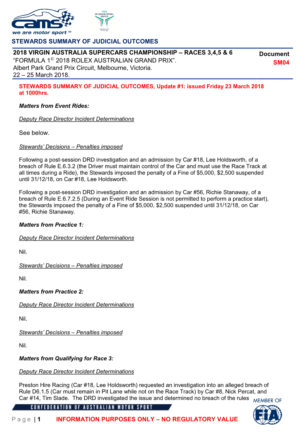 STEWARDS SUMMARY of JUDICIAL OUTCOMES Page