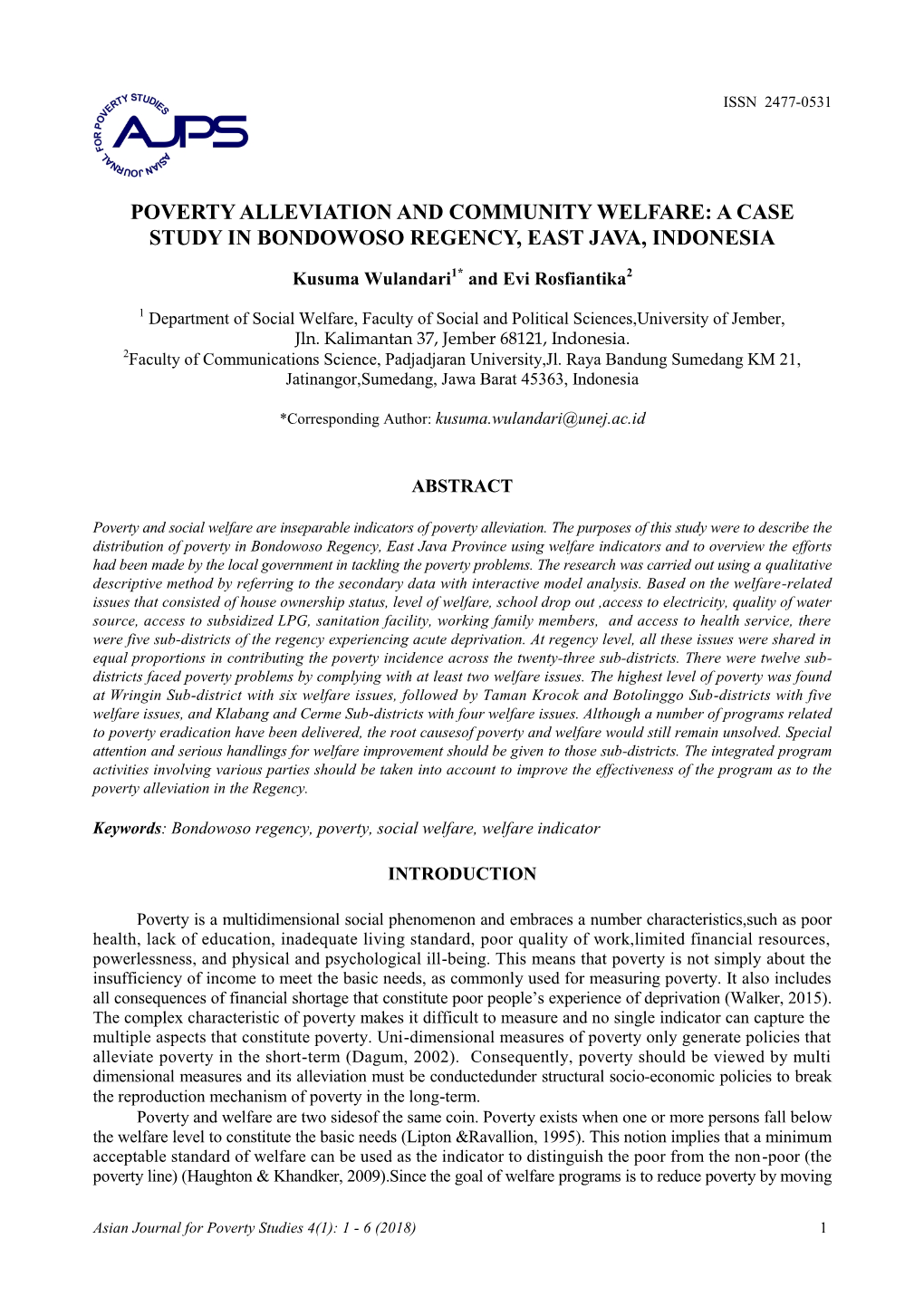 Poverty Alleviation and Community Welfare: a Case Study in Bondowoso Regency, East Java, Indonesia