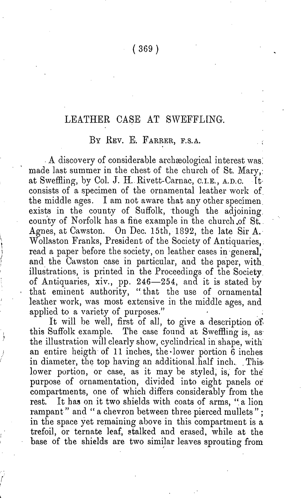 ( 369 ) LEATHER CASE at SWEFFLING. by REV. E. FARRER,FSA .A Discovery of Considerable Archmological Interest