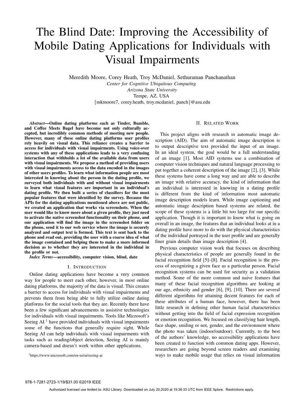 The Blind Date: Improving the Accessibility of Mobile Dating Applications for Individuals with Visual Impairments