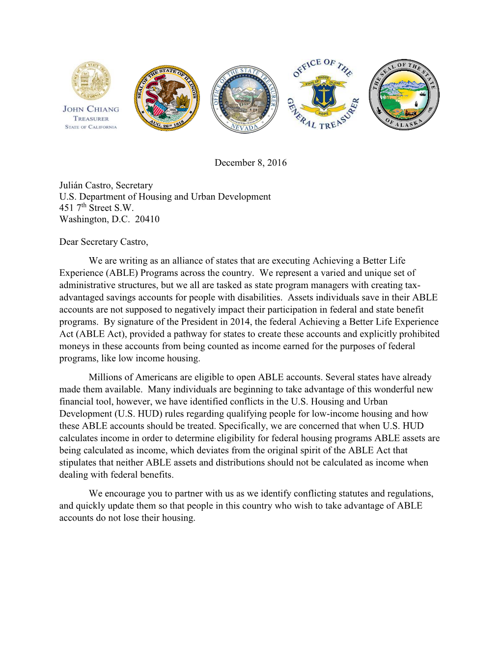 Treasurer Letter to the Secretary of HUD on Disabled Housing Assistance