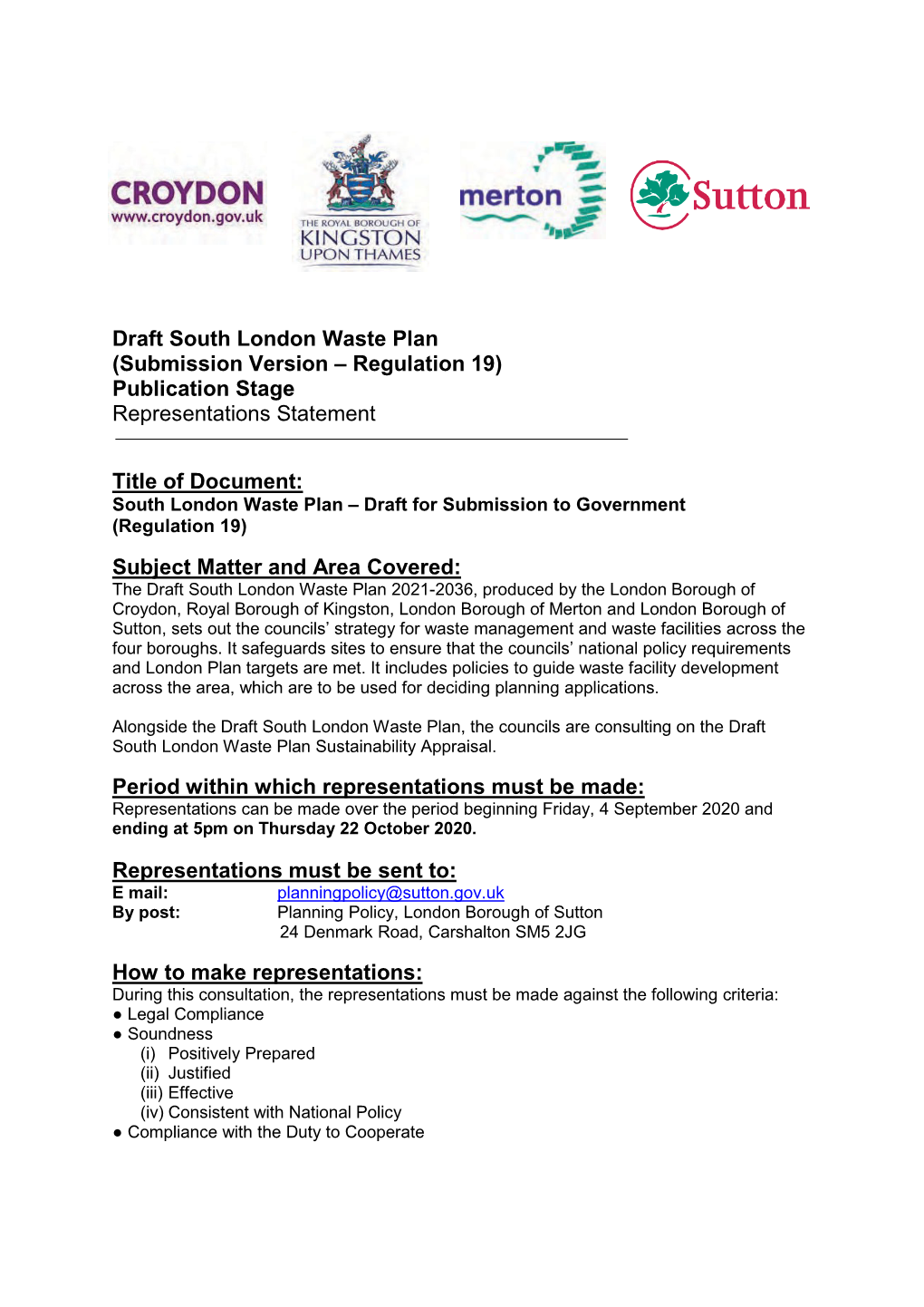 Draft South London Waste Plan (Submission Version – Regulation 19) Publication Stage Representations Statement