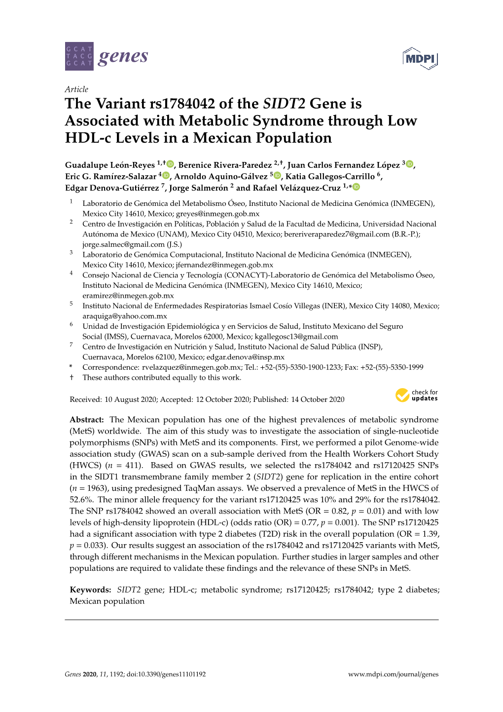 The Variant Rs1784042 of the SIDT2 Gene Is Associated with Metabolic Syndrome Through Low HDL-C Levels in a Mexican Population