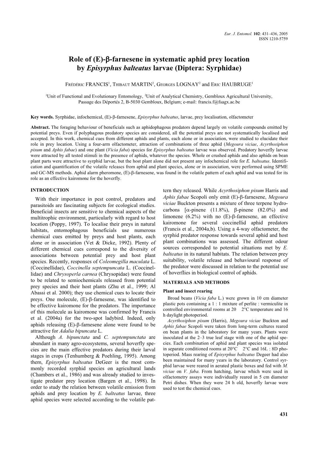 Β-Farnesene in Systematic Aphid Prey Location by Episyrphus Balteatus