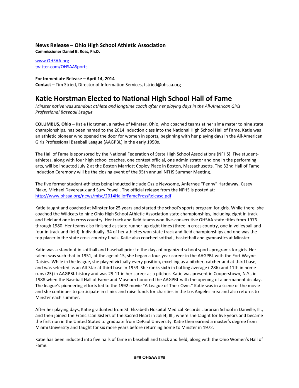 Katie Horstman Elected to National High School Hall of Fame