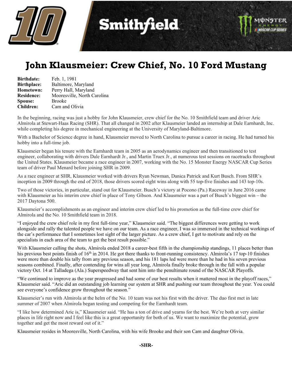 John Klausmeier: Crew Chief, No