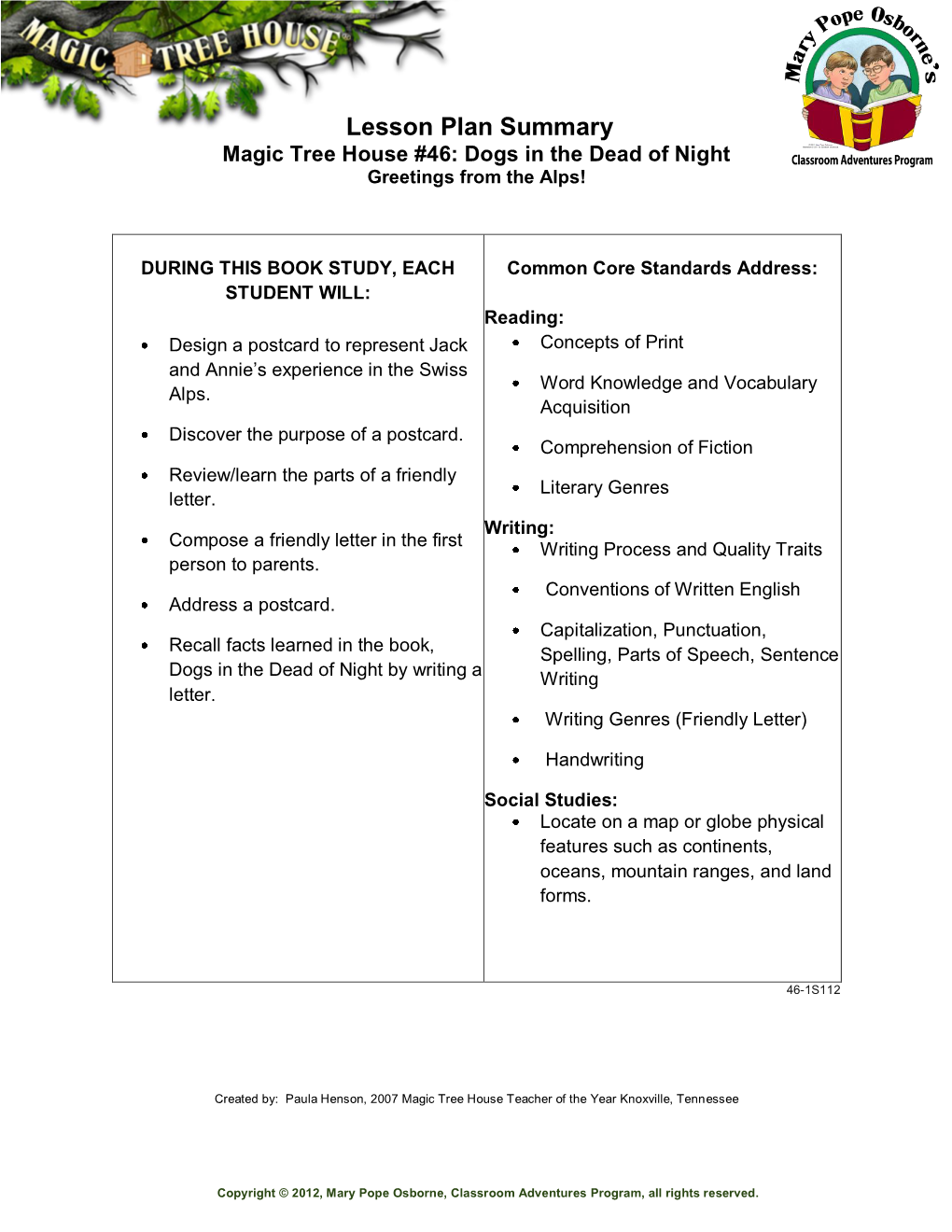 Lesson Plan Summary Magic Tree House #46: Dogs in the Dead of Night Greetings from the Alps!