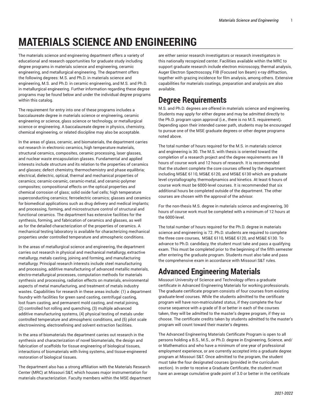 Materials Science and Engineering 1