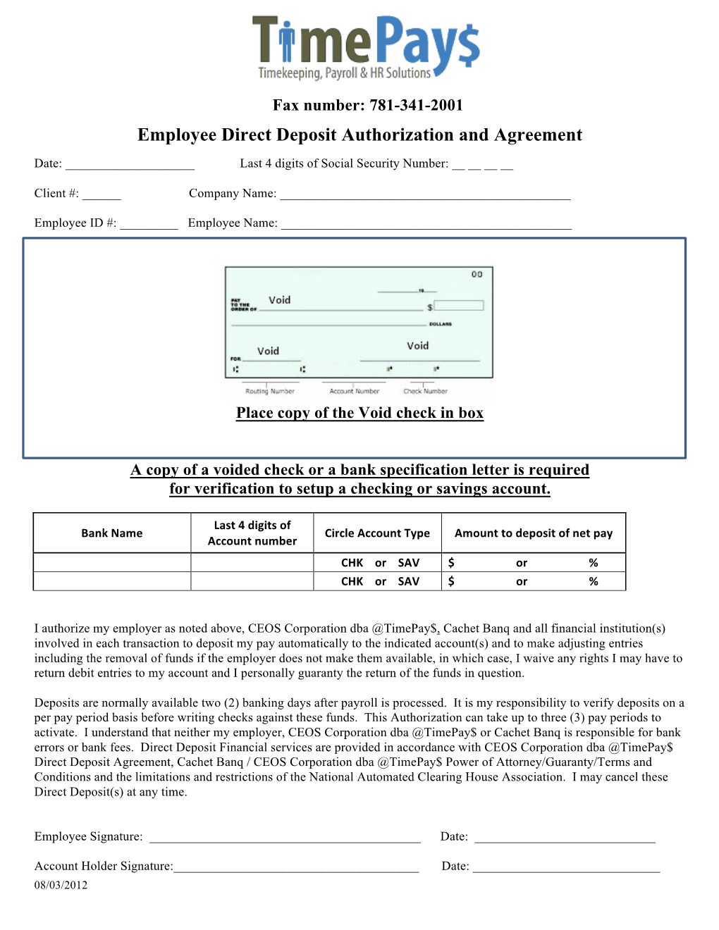 Employee Direct Deposit Authorization and Agreement