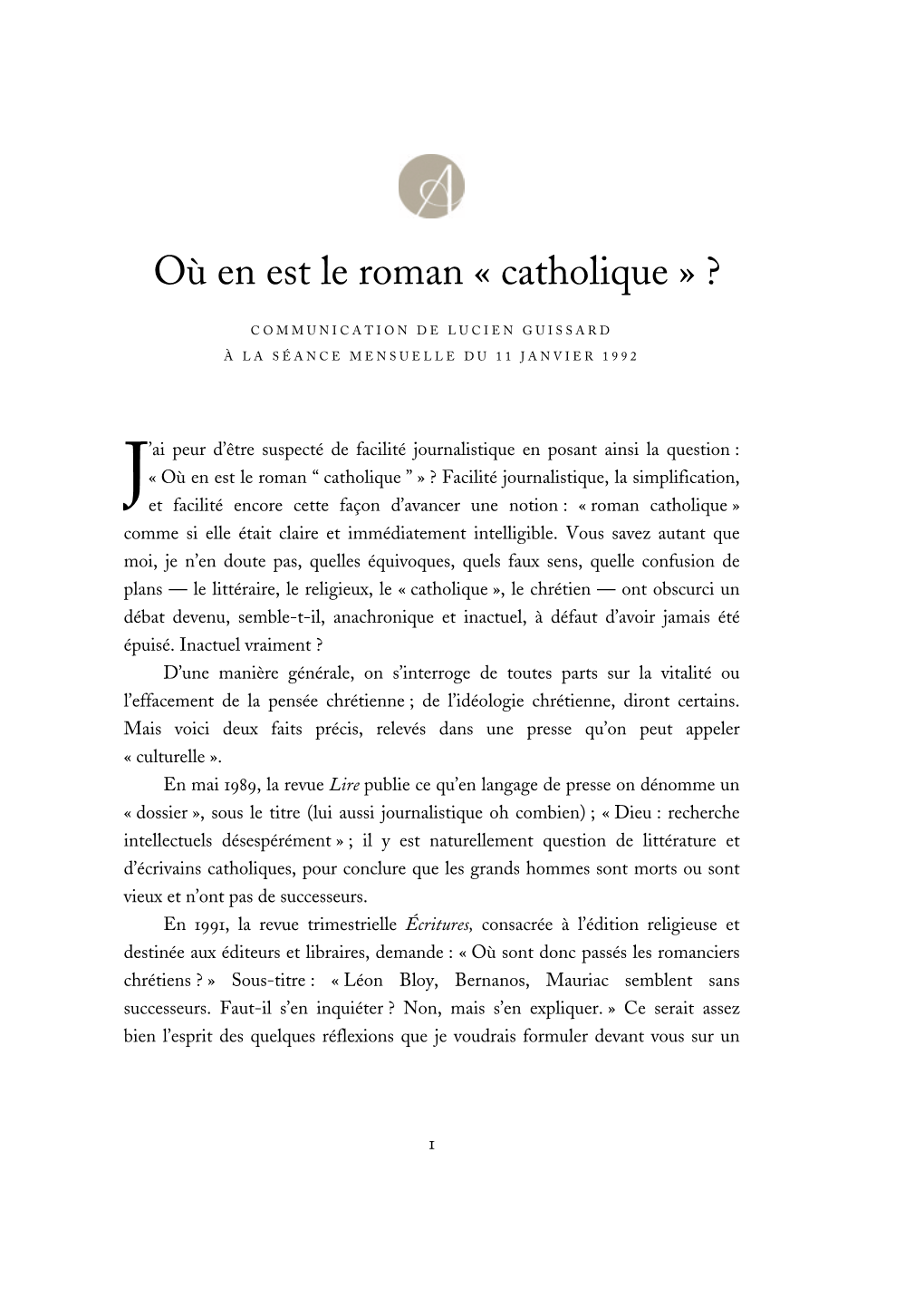 Où En Est Le Roman "Catholique"?