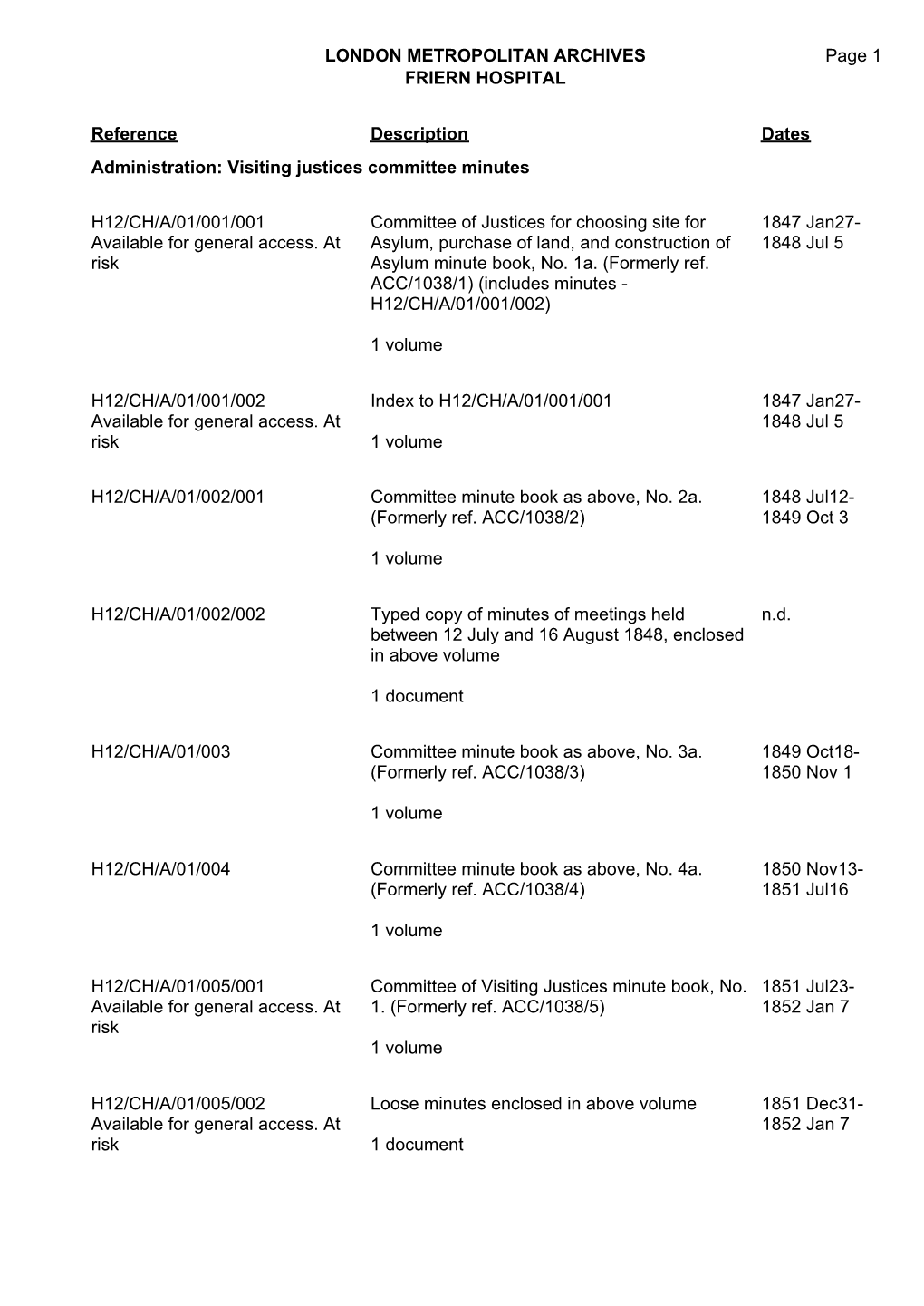 LONDON METROPOLITAN ARCHIVES FRIERN HOSPITAL H12/CH Page 1 Reference Description Dates Administration: Visiting Justices Committ