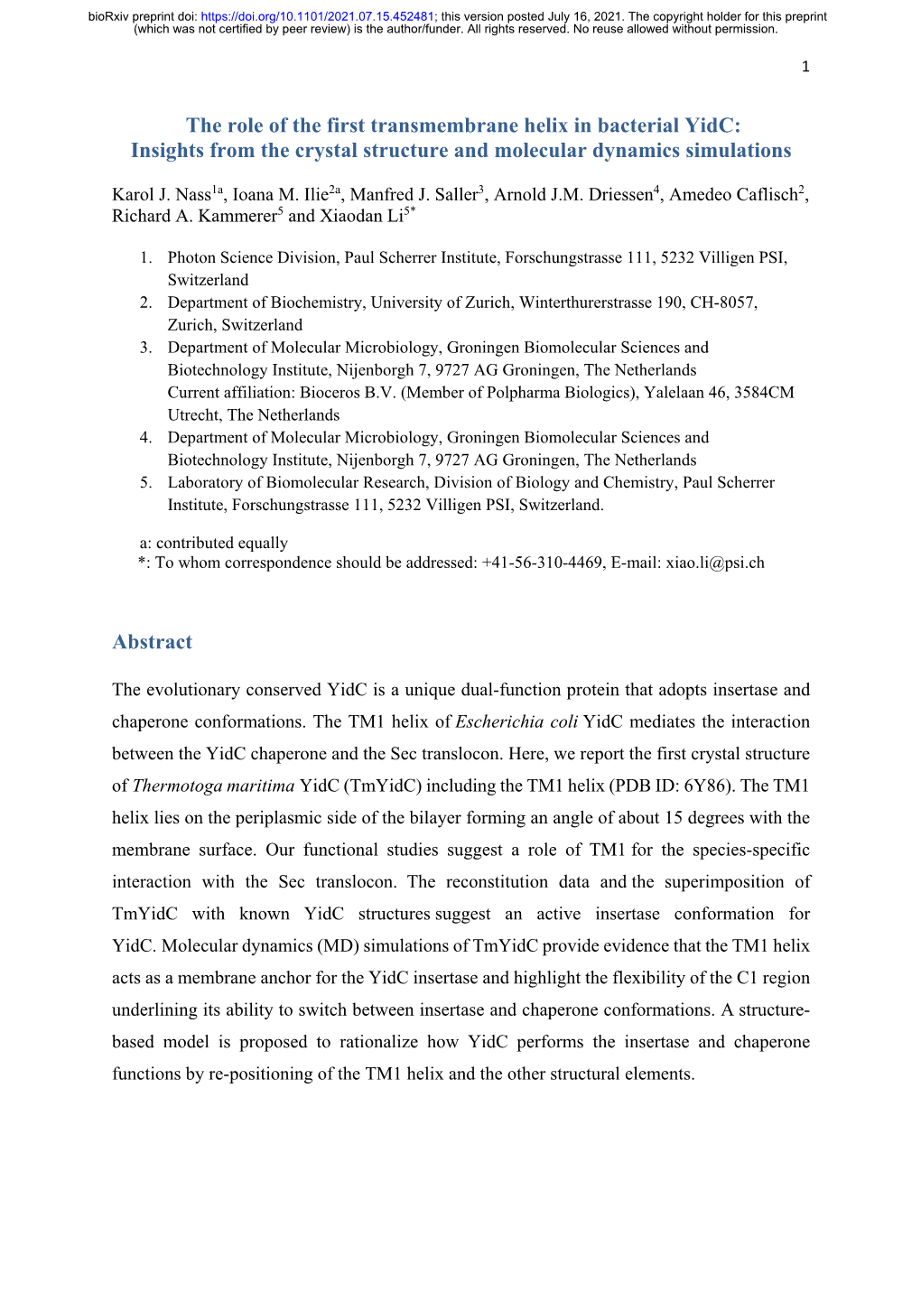 The Role of the First Transmembrane Helix in Bacterial Yidc: Insights from the Crystal Structure and Molecular Dynamics Simulations