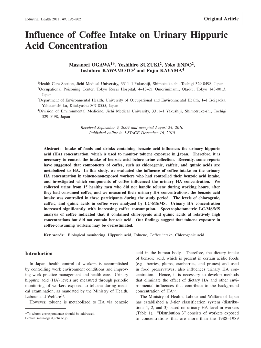 Influence of Coffee Intake on Urinary Hippuric Acid Concentration