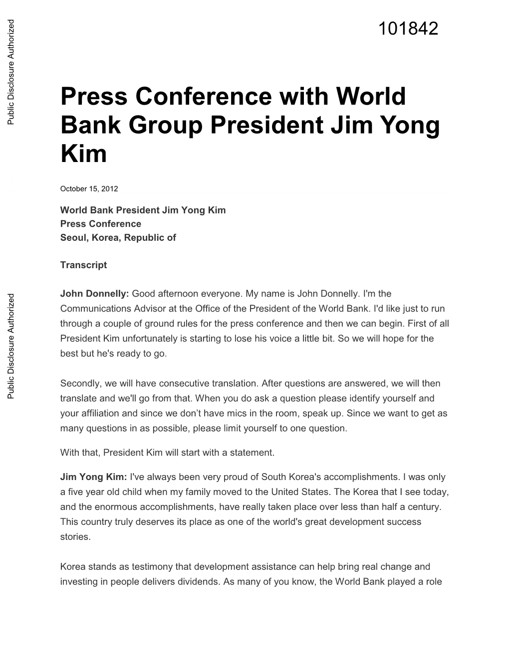 Press Conference with World Bank Group President Jim Yong