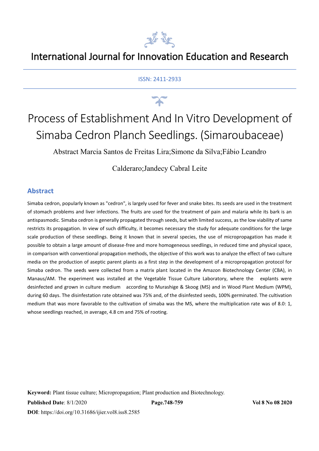 Process of Establishment and in Vitro Development of Simaba Cedron