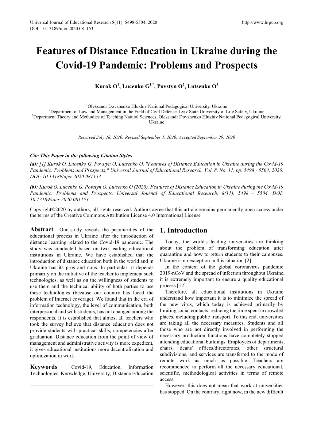 Features of Distance Education in Ukraine During the Covid-19 Pandemic: Problems and Prospects
