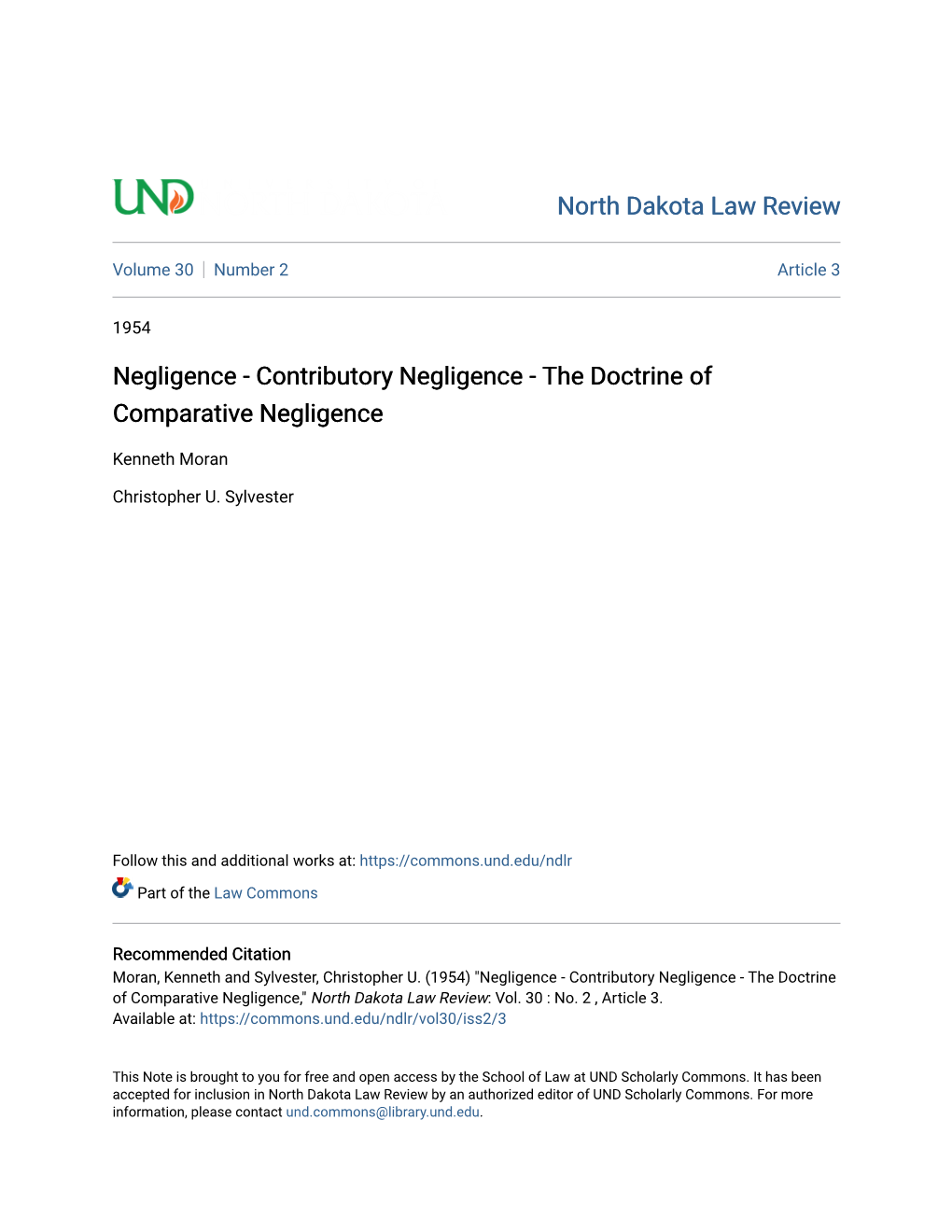 Negligence - Contributory Negligence - the Doctrine of Comparative Negligence