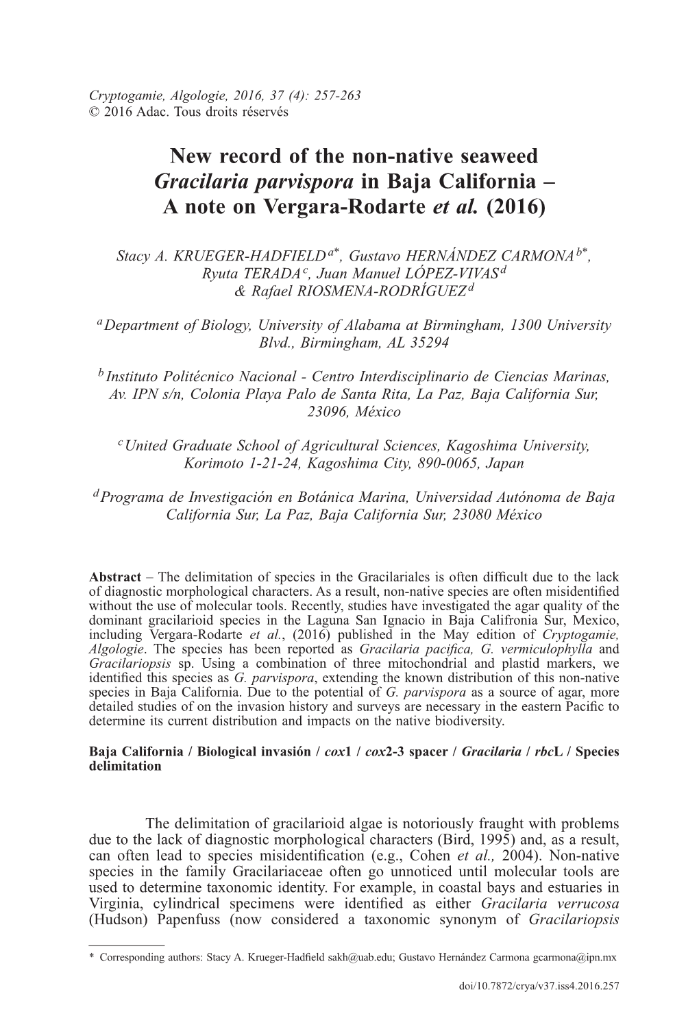 New Record of the Non-Native Seaweed Gracilaria Parvispora in Baja California – Anote on Vergara-Rodarte Et Al