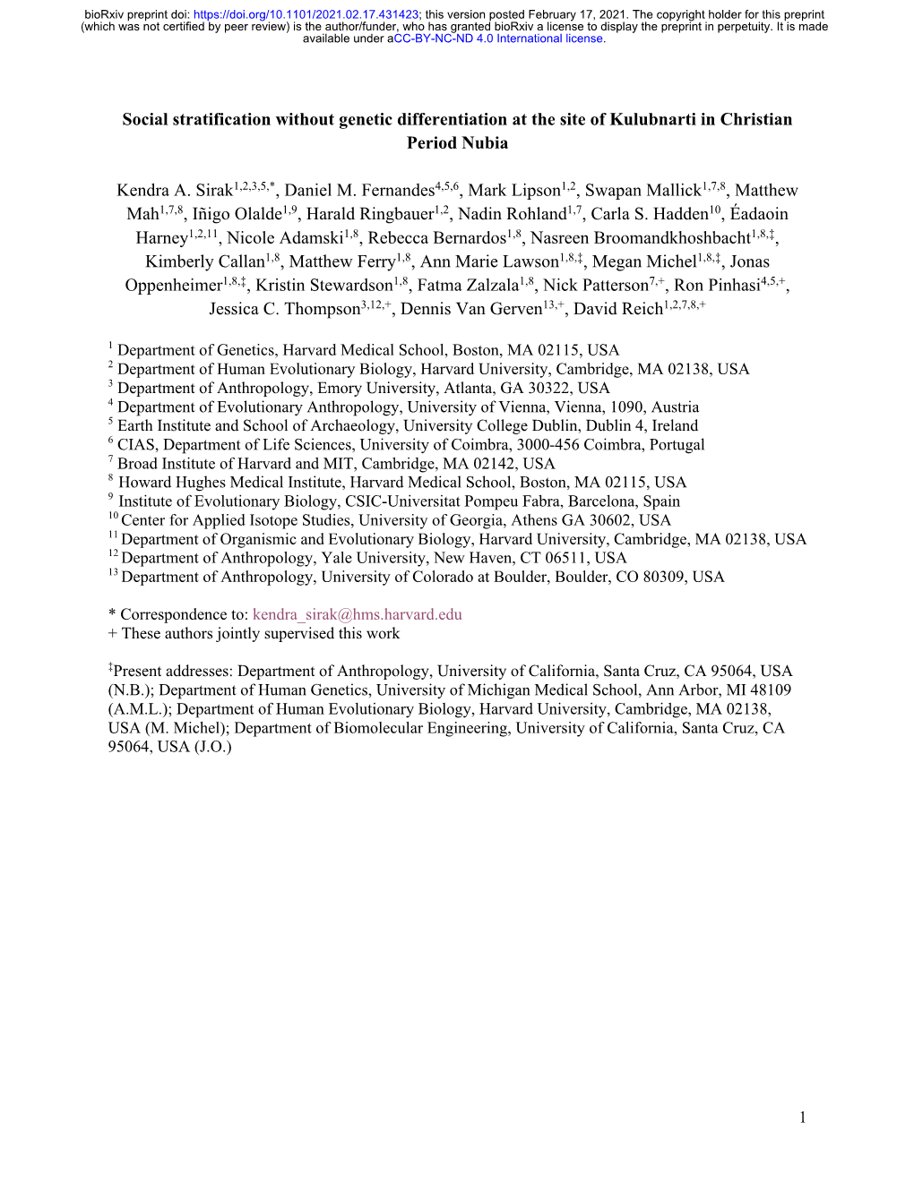 Social Stratification Without Genetic Differentiation at the Site of Kulubnarti in Christian Period Nubia