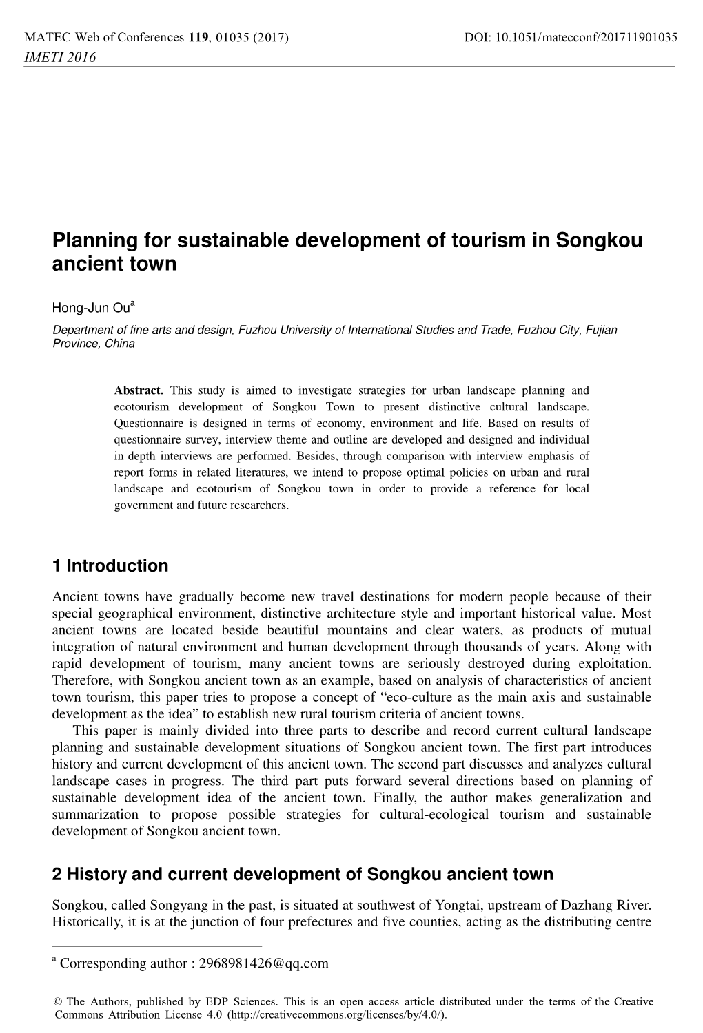 Planning for Sustainable Development of Tourism in Songkou Ancient Town