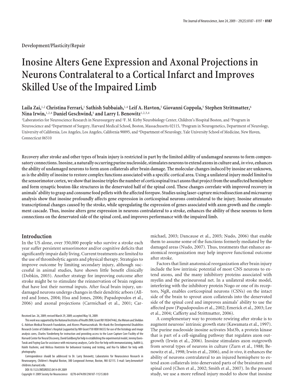 Inosine Alters Gene Expression and Axonal Projections in Neurons Contralateral to a Cortical Infarct and Improves Skilled Use of the Impaired Limb