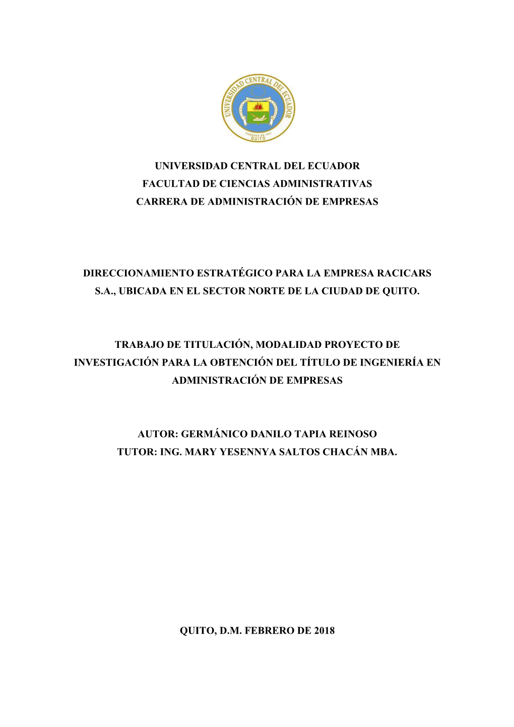 Universidad Central Del Ecuador Facultad De Ciencias Administrativas Carrera De Administración De Empresas