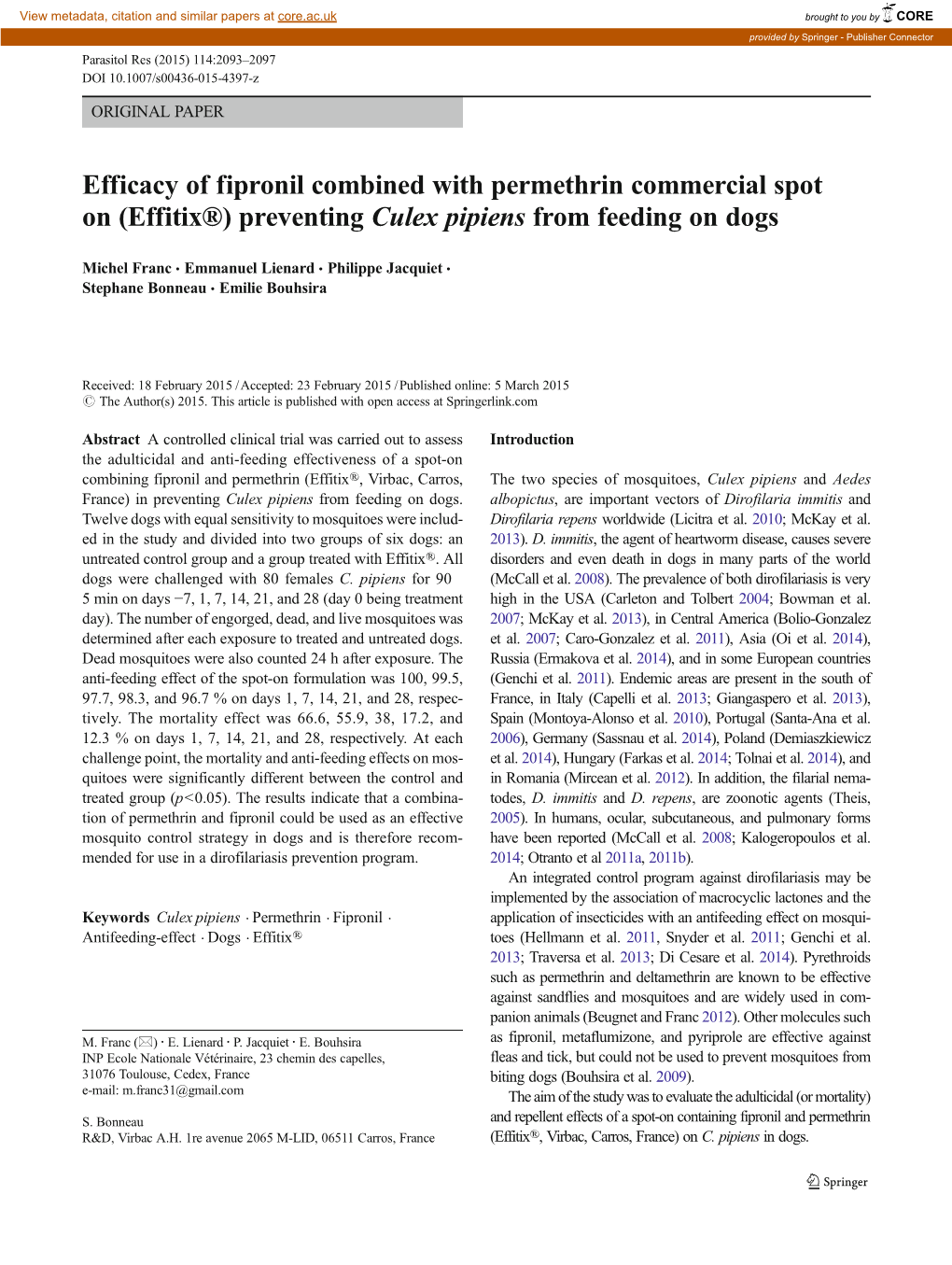 Efficacy of Fipronil Combined with Permethrin Commercial Spot on (Effitix®) Preventing Culex Pipiens from Feeding on Dogs