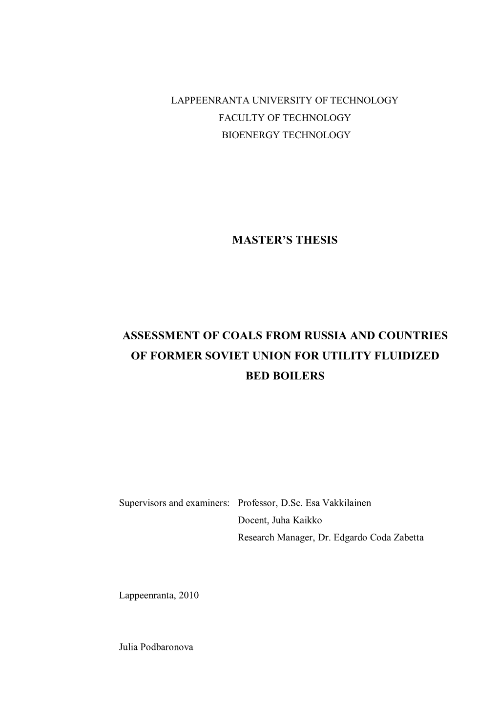 Master's Thesis Assessment of Coals from Russia And