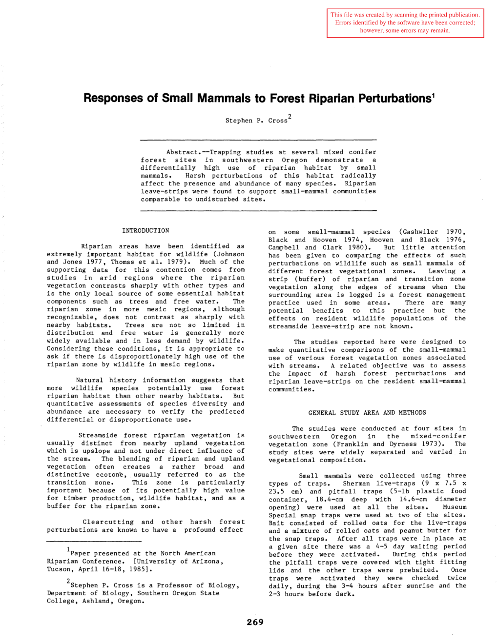 Responses of Small Mammals to Forest Riparian Perturbations1