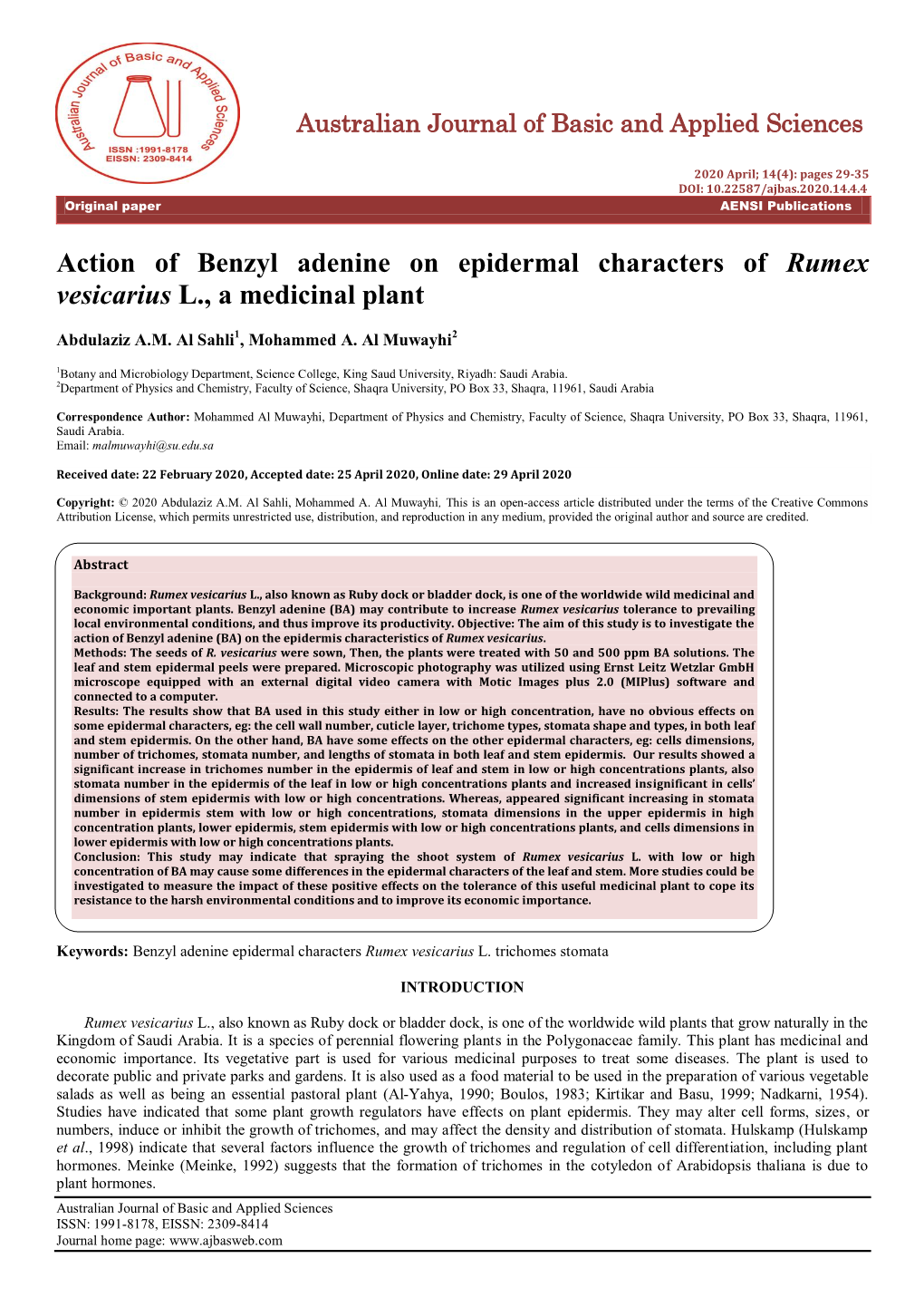 Action of Benzyl Adenine on Epidermal Characters of Rumex Vesicarius L., a Medicinal Plant