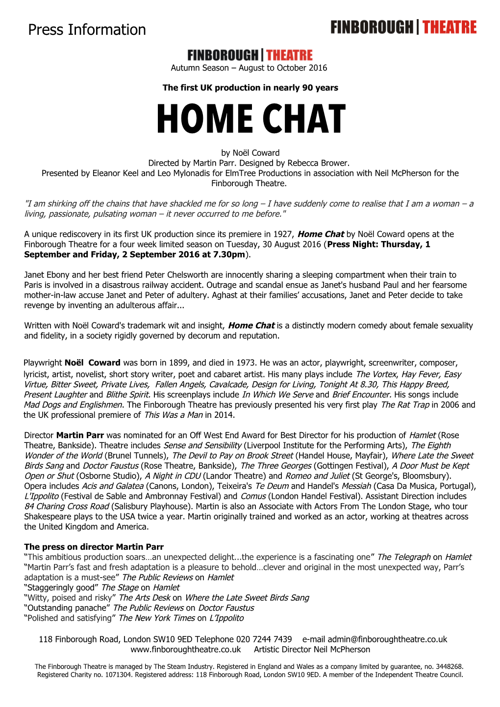 HOME CHAT by Noël Coward Directed by Martin Parr