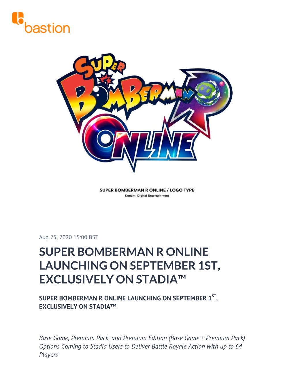 Super Bomberman R Online Launching on September 1St, Exclusively on Stadia™