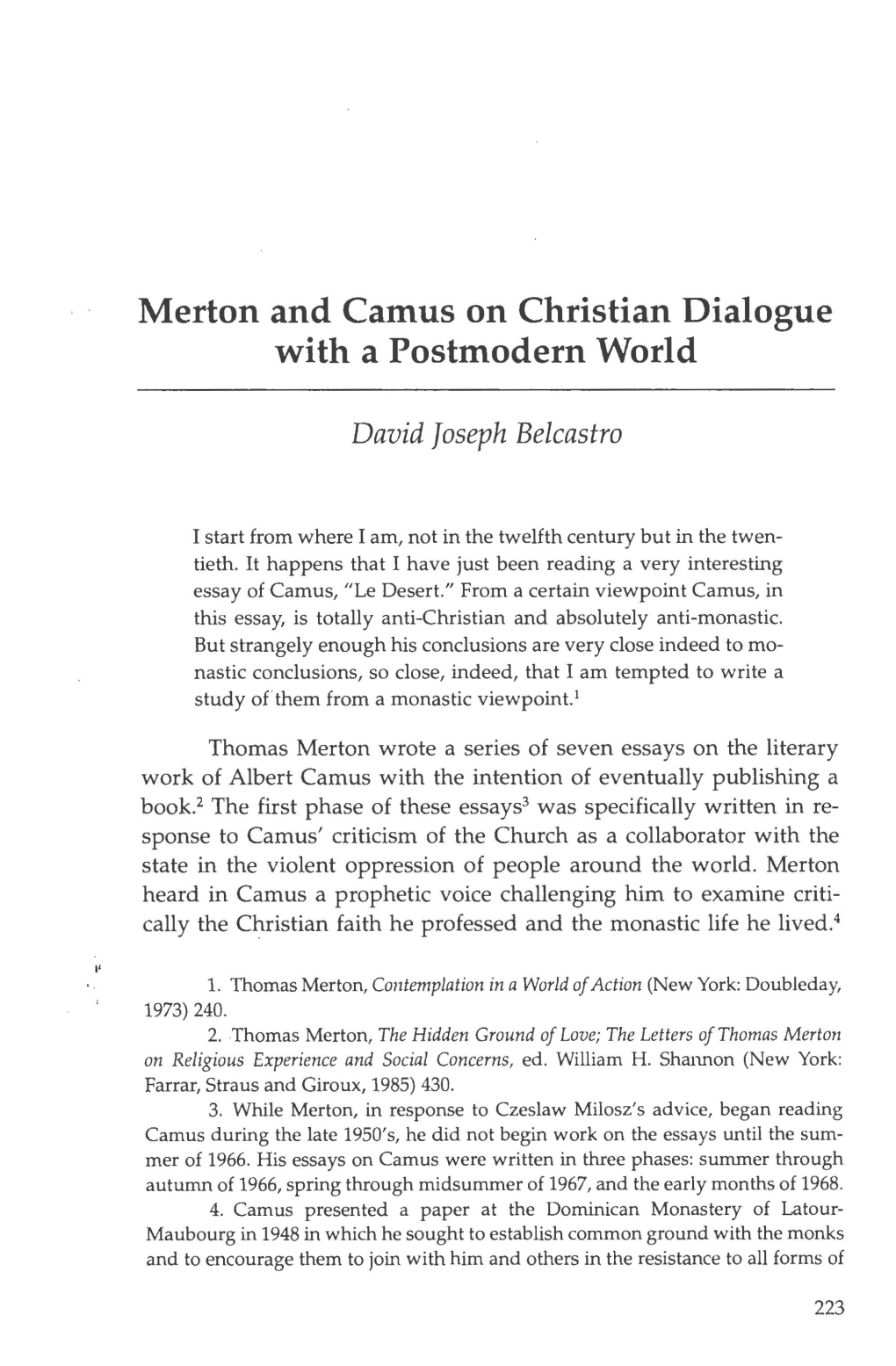Merton and Camus on Christian Dialogue with a Postmodern World