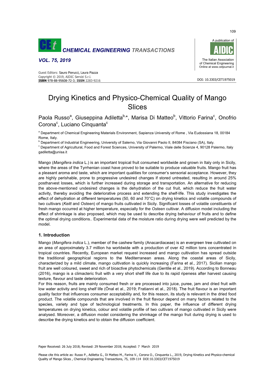 Drying Kinetics and Physico-Chemical Quality of Mango