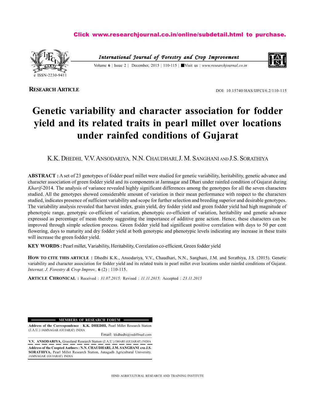 Genetic Variability and Character Association for Fodder Yield and Its Related Traits in Pearl Millet Over Locations Under Rainfed Conditions of Gujarat