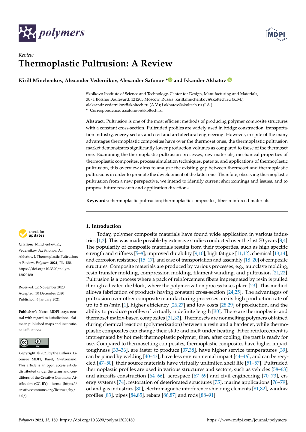 Thermoplastic Pultrusion: a Review